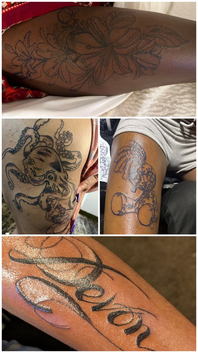 Selection of Chapter 7 Ink work including a floral thigh piece, an octopus, a character study, and script lettering